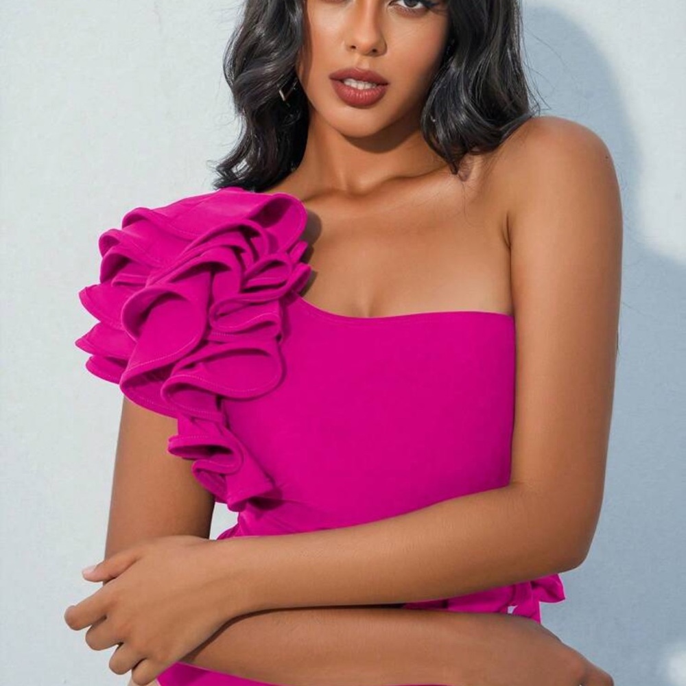 Pink Ruffled One-Shoulder Bikini Set